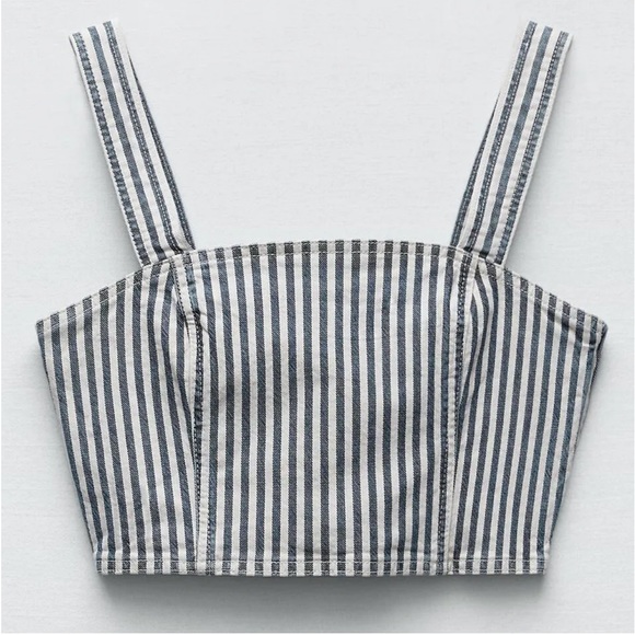 NWT Zara Blue White Denim Striped Crop Top | Size Medium - Picture 3 of 12